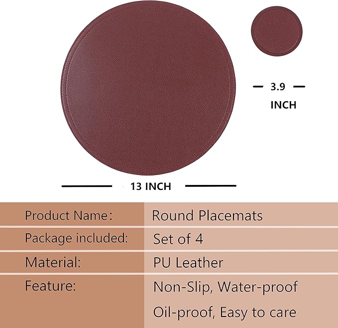 Faux Leather Round Placemats and Coasters, Coffee Mats Kitchen Table Mats, Waterproof, Easy to Clean for Round Table, Dining Table