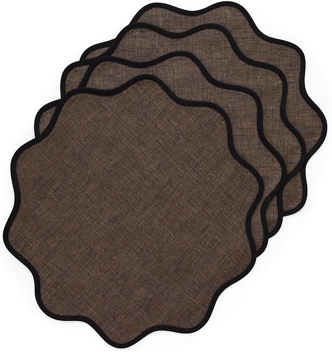 Solino Home Scallop Linen Placemats Set of 4-100% Pure Linen Black and Chambray Brown Round Cloth Placemats 16 Inch for Christmas - Giselle Scallop Edge, Handcrafted and Machine Washable