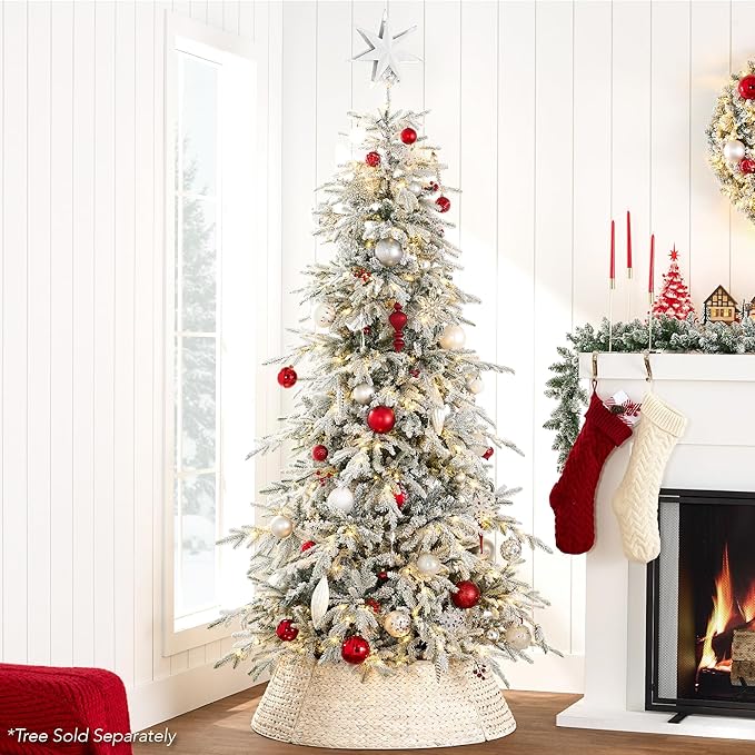 Best Choice Products 42in Christmas Tree Collar, Woven Hyacinth 4-Piece Holiday Rattan Tree Skirt Accessory for Home w/Cord Cut-Out - Transparent White