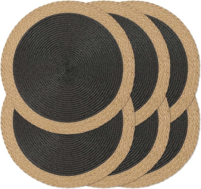 Noctiflorous Round Placemats Set of 6, 15 Inch Braided Hand Woven Table Mats, Heat Resistant Non-Slip Wipeable Wide Edge Place Mats for Kitchen Dining Indoor Outdoor Use(Black, 6)