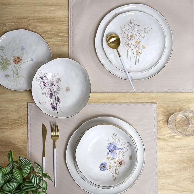 Sango 12-Piece Luxury Stoneware Dinnerware Set for 4- Glossy White Plates and Bowls Sets with Wildflower Patterns and Gold Rims, Ceramic Dish Set, Elegant Dishes for Everyday Dining, Gansevoort
