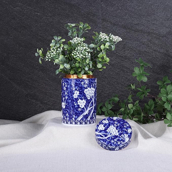 Chinoiserie Enamel Ginger Jar with Twist Lid - Traditional Chinese Blue and White Porcelain Style-Cylinder Design (Bloom Cylinder)