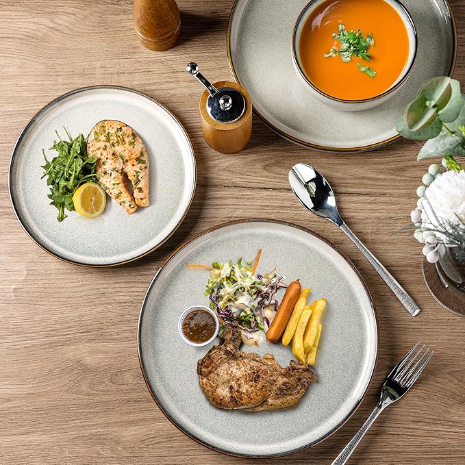 GBHOME 16 Pieces Double Bowls Ceramic Dinnerware Sets for 4, Stoneware Plates and Bowls Set with Reactive Glaze, Scratch Resistant Stoneware Dishes Set, Dishwasher & Microwave Safe
