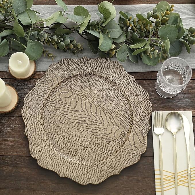 Efavormart 6 Pack | 13" Rustic Natural Wooden Textured Acrylic Charger Plates With Scalloped Rim