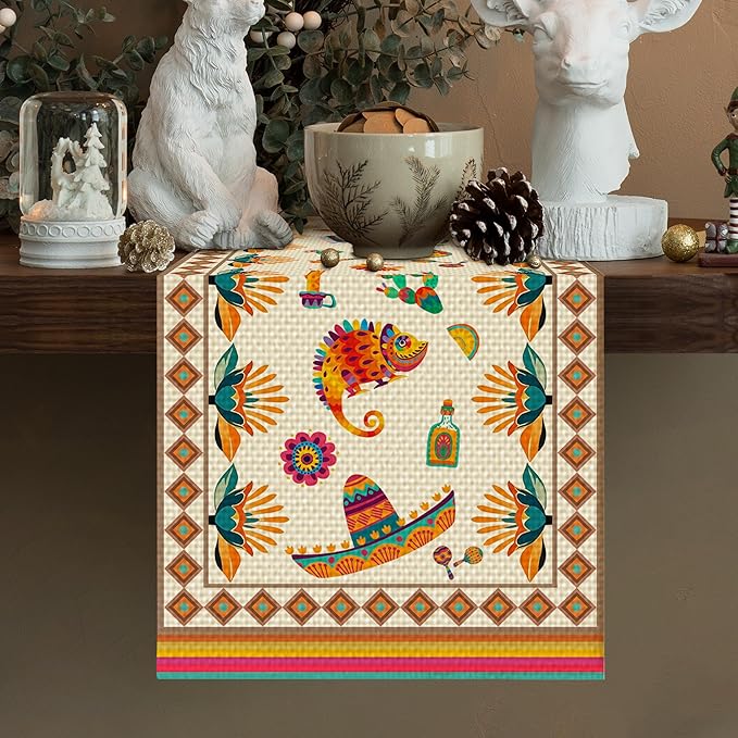 Mexican Fifth of May Table Runner Seasonal Holiday Kitchen Dining Linen Table Decoration for Indoor Outdoor Home Party Decor 13 x 72 Inch