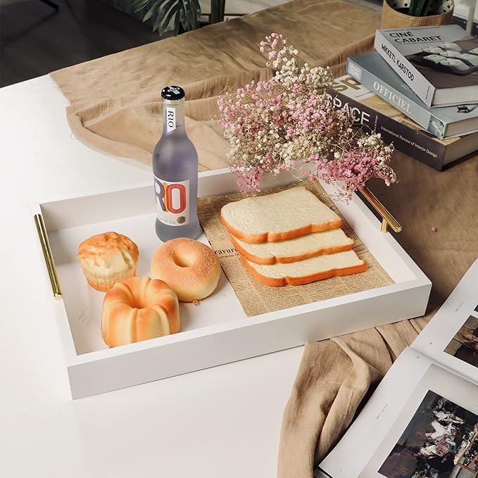 JJSQYLAN Wooden Serving Tray with Handles Rectangle Breakfast Tray for Coffee Table Decorative Ottoman Tray 16”x 12” for All Occasion's (White)