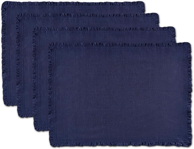 Solino Home Navy Blue Linen Placemats 14 x 19 Inch - 100% Pure Linen Juliette Ruffle Placemats Set of 4 - Handcrafted and Machine Washable Table Mats