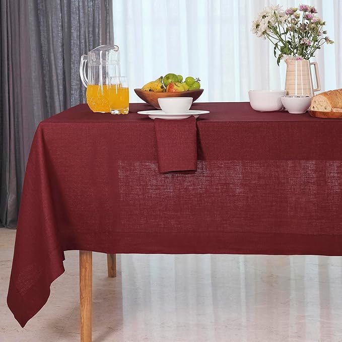 D'Moksha Homes Linen Tablecloth for Rectangle Tables 60 x 132 Inch - 100% Pure Linen Dark Red Table Cloth - Machine Washable Cloth Tablecloth for Winter, Christmas, Holiday, New Year
