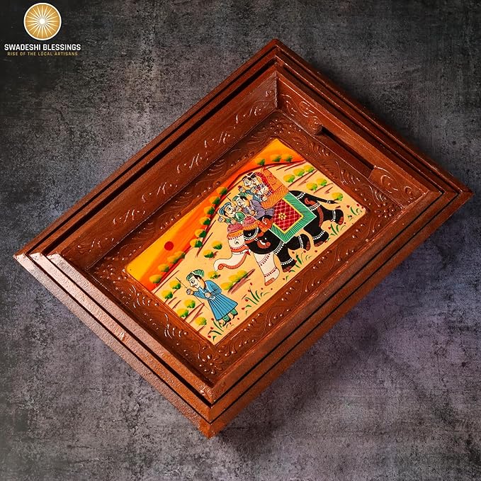 Swadeshi Blessings Wooden Serving Tray Set- Handcrafted & Hand-Painted for Kitchen/Table & Home Decor/Dinning/Gifts/Restaurants/Living Room/Coffee Table (Set of 3 Trays) (Brown)