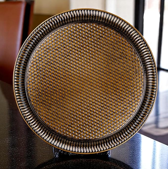 Alisveristime Round Hammered Metal Serving Tray – Ottoman Style, (11.8" Diameter, 12.6 oz) 5 Color Options (Antique Green)