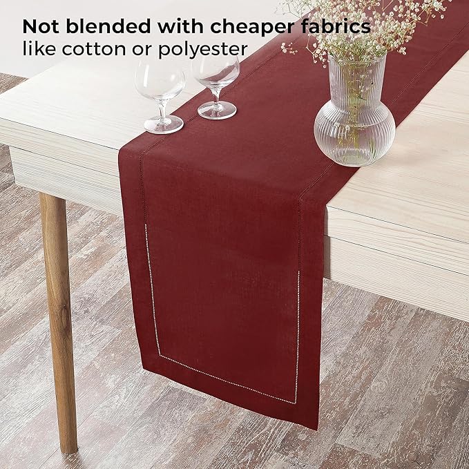 D'Moksha Homes Linen Dark Red Table Runner 90 Inches Long - Classic Hemstitch 100% Pure Linen Dining Table Runner 14 x 90 Inch for Winter, Christmas, Holiday, New Year