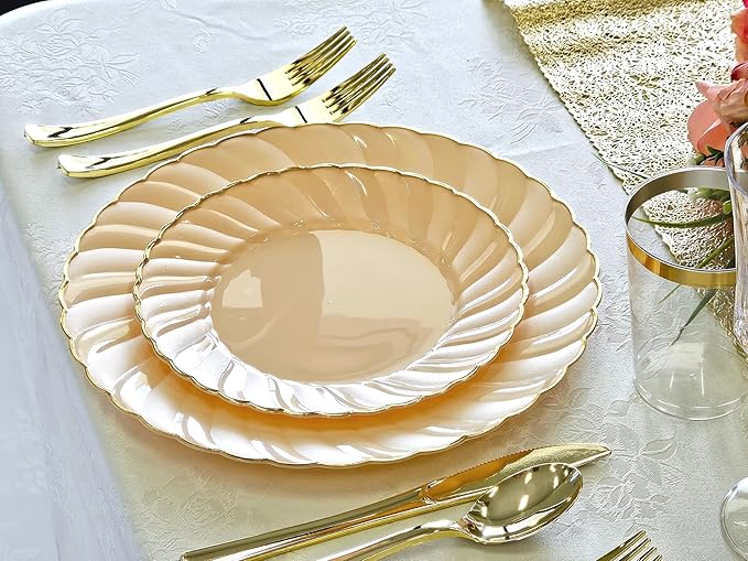 " OCCASIONS " 80 Plates Pack,(40 Guests) Premium Vintage Wedding Party Disposable Plastic Plates Set -40 x 10.5'' Dinner + 40 x 7.5'' Salad/Dessert(Blossom Blush Pink/Gold)