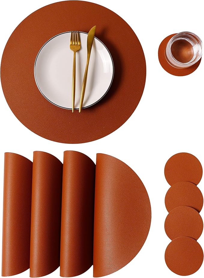 Wipeable Placemats and Coasters Leather Table Mats Waterproof Heat-Resistant Easy to Clean for Dining Table Set Kitchen Table Set of 4, Brown