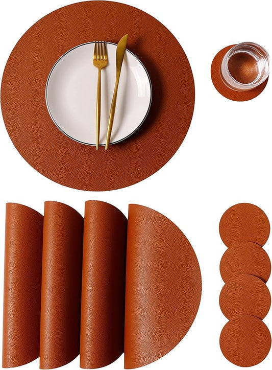 Wipeable Placemats and Coasters Leather Table Mats Waterproof Heat-Resistant Easy to Clean for Dining Table Set Kitchen Table Set of 4, Brown