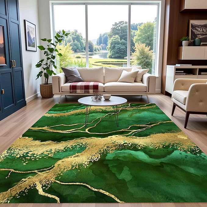 Emerald Green Gold Natural Liquid Aesthetic Area Rug 7x12 for Living Room Bedroom Dining Room Modern Abstract Marble Texture Indoor Rugs Nursery Dorm Farmhouse Soft Non Shedding Washable Lux Carpet