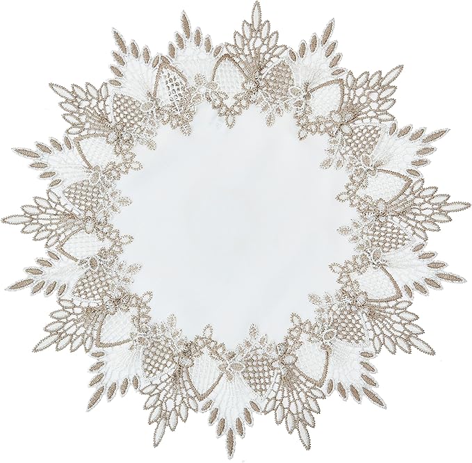 White Linen Doily 15 inches Round Neutral Earth Tones Beige Lace Coffee Table Topper Dresser Scarf Place Mats (White, 15” Round)