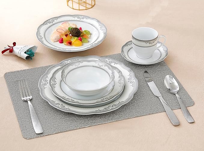 Lorren Home Trends Victoria-24 24 Piece Victoria Design Porcelain Wavy Edge Dinnerware Set, White