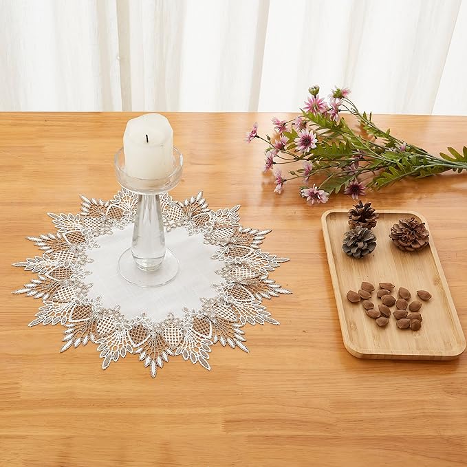 White Linen Doily 15 inches Round Neutral Earth Tones Beige Lace Coffee Table Topper Dresser Scarf Place Mats (White, 15” Round)