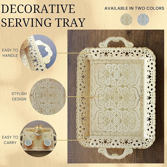 Turkish Vintage Style Entertaining Tray - |15.4” x 10.2”Multi-Purpose, Non-Tarnishing, Zamak Alloy, Decorative Ottoman Style - Rectangular Serving Tray for Coffee & Beverages (Gold)