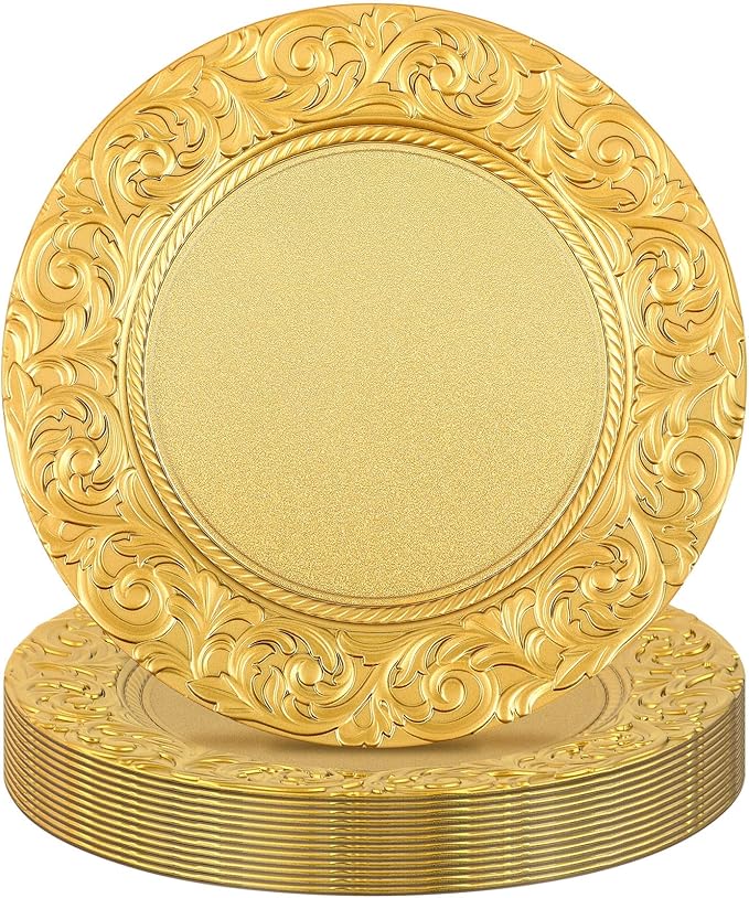 Uiifan 12 Pcs Antique Charger Plates Bulk 13'' Plastic Embossed Dinner Plate Chargers Round Floral Plates for Wedding Decorative Chargers for Table Dinner Kitchen Party Decoration (Gold)