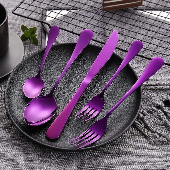 Silverware Set, 20-Piece Purple Flatware Cutlery Set Service for 4,Stainless Steel Kitchen Utensil Set Tableware Knife Spoon Fork Set for Home&Restaurant. Dishwasher Safe (Purple- 20 Pieces Set)