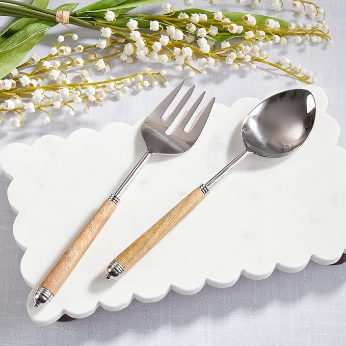 SARO LIFESTYLE Mango Wood Handle Serving Set – Stainless Steel Fork & Spoon for Salads, Buffets & Entertaining