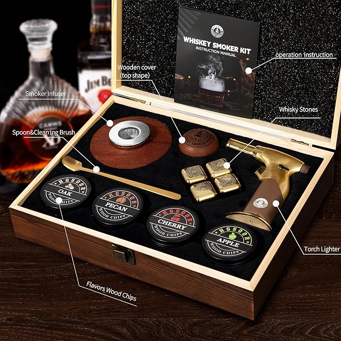 Whiskey Smoker Kit - Old Fashioned Drink Smoker Kit - Cocktail Smoker Kit with Torch, 4 Flavors Wood Chips&Whisky Stones, Bourbon Smoker Kit, Bourbon Whiskey Gifts for Men,Dad (No Butane)