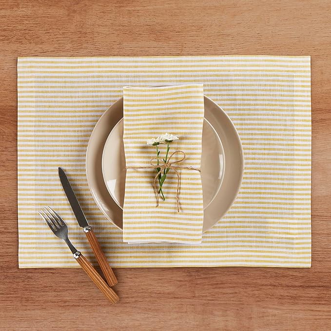 Solino Home Linen Cloth Placemats Set of 4 - Narrow Stripe 100% Pure Linen Spicy Mustard and White Farmhouse Placemats 14 x 19 Inch