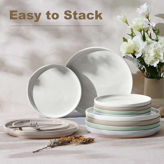 LIANYU 6Pcs Dinner Salad Plates Set, 7.75 Inch Stoneware Kitchen Dessert Flat Plate, Small Ceramic Serving Dishes for Dessert and Appetizer, Stackable, Oven, Microwave & Dishwasher Safe, Milky Brown