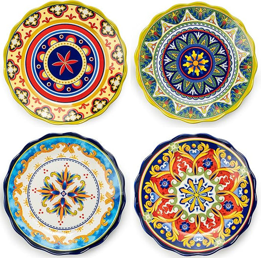 UNICASA Ceramic Dinner Plate Set of 4, 10.5 Inch Porcelain Pasta Plates Set– Serving Dishes for Salad, Steak, Colorful Boho Decoration, Microwave & Dishwasher Safe