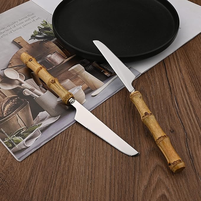 40 Pcs Bamboo Handle Cutlery Sets, Natural Bamboo Flatware Set for 10, Silver Stainless Steel Silverware Set for Home Party Restaurant, Handcrafted Eating Utensils, Include Knife Fork Spoon