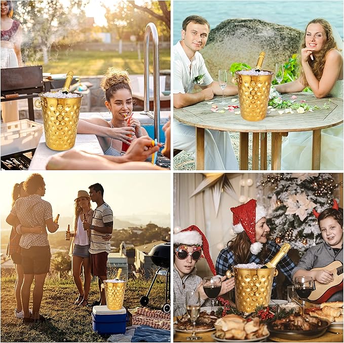 BARsics 5-Quart Metal Golden Champagne Bucket, Hammered Mirror Finish Stainless Steel Ice Bucket for Party, Wedding, Banquet (Gold/Pack of 2)