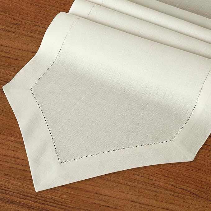 D'Moksha Homes Ivory Linen Table Runner 60 Inches Long - 100% Pure Linen Diamond Table Runner 14 x 60 Inch for Dining, Winter, Christmas, Holiday, New Year - Machine Washable
