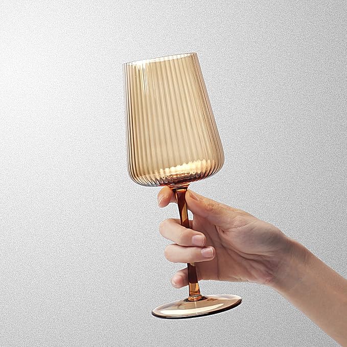 Hand Blown Ribbed Wine Glasses with stem, Lead-Free Crystal Glasses, Luxury Gift, Set of 6, Unique, 18oz Premium Wine Goblet, Large capacity, Fluted Design (6pcs mixed colored)