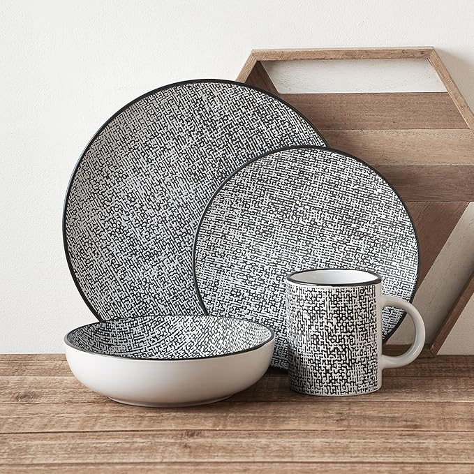 Stone Lain Sophie Rustic Stoneware Dinnerware Service for 4, Black and White Textured, 16 Pieces