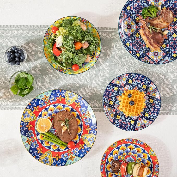 Sweejar Salad Plates 8 Inch,Ceramic Dessert Plates Set of 6,Bohemian Style Small Dinner Plates Dishwasher and Microwave Safe Round Colorful Dishes for Kitchen