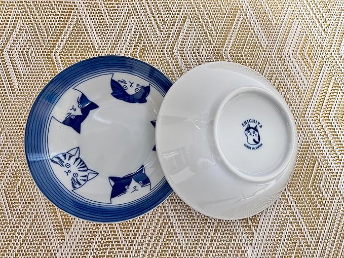 Japanese Ceramic Small Deep Plate Set, Five Kinds of Cat Face Patterns 5.4 x H1.46 Inches Mino Ware White & Blue Set of 2, from Japan 23247