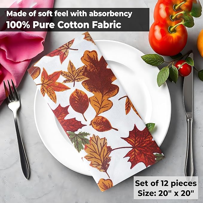 Urban Villa Cloth Napkins Set of 12 20x20 Inches 100% Cotton Napkins Cloth Washable Durable Reusable Absorbent Table Dinner Napkins Cloth for Thanksgiving Hotel Lunch Restaurant Parties – Leaves Print