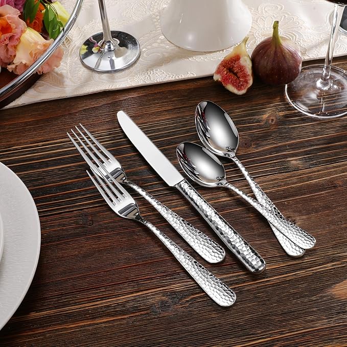 KEAWELL Premium 8-Piece Louise Hammered Fork Set, 18/10 Stainless Steel, Fine Fork Set with Round Edge, Brightly-Mirror polished, Dishwasher Safe. (8, 8" Dinner Forks)