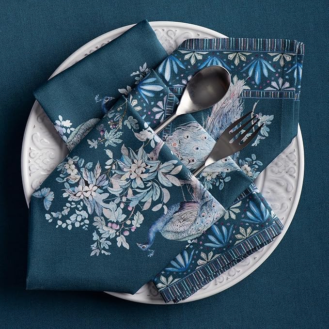 Maison d' Hermine Napkin 100% Combed Cotton Premium 20"x20" Decorative Washable Table Cloth Napkins Set of 4 for Dining, Holidays, Buffet & Wedding Use Campagne - Peacock Utopia - Deep Sea