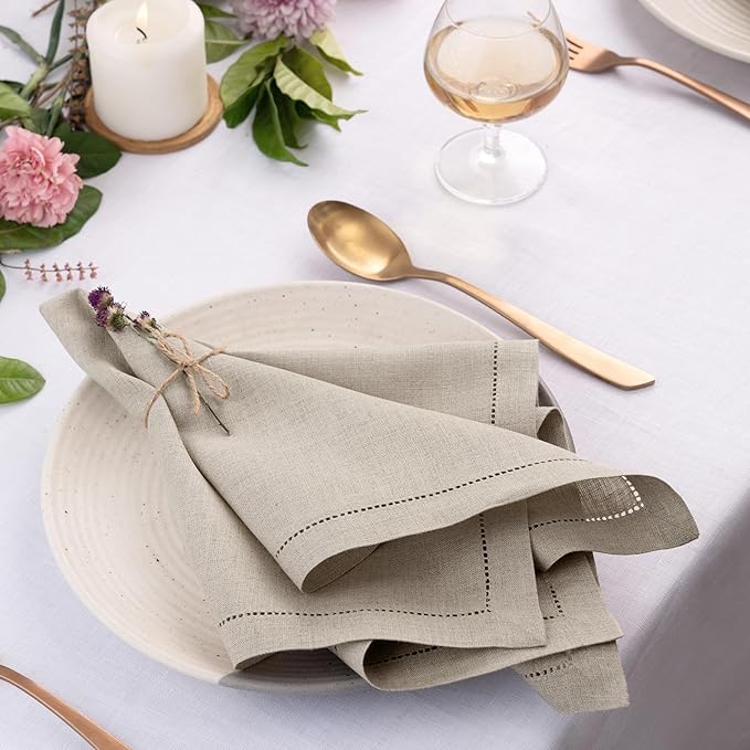 D'Moksha Homes Natural Linen Napkins Set of 8 - Classic Hemstitch 100% Pure Linen Hemstitch Dinner Napkins 20 x 20 Inch for Winter, Christmas, Holiday, New Year - Handcrafted and Machine Washable