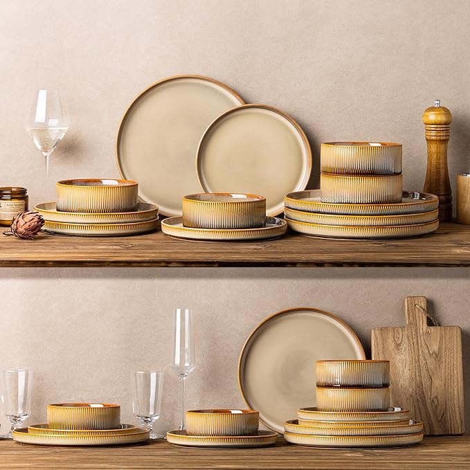 TheTerra Ceramic Dinnerware Sets for 4, 12 Pieces Porcelain Lightweight Plates and Bowls Sets, Scratch Resistant Dish Set, Oven & Microwave & Dishwasher Safe, Creamy Amber