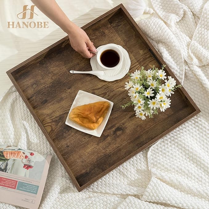 Hanobe Serving Tray for Ottoman Large: Rustic Brown Coffee Table Trays 20 Inch Square with Handles for Living Room - Farmhouse Extra Oversized Wood Decorative Topper for Kitchen Parties