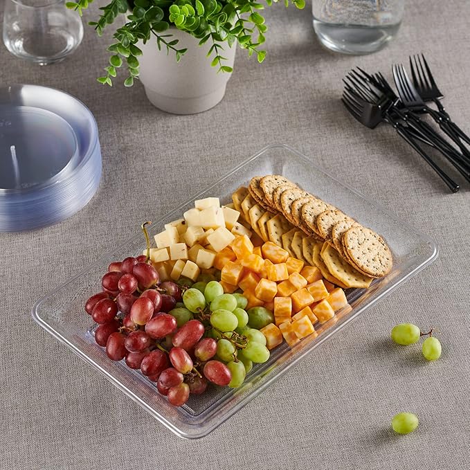 Plasticpro Plastic Serving Trays - 10 x 14 Serving Platters Rectangle Disposable Party Dish (12, Clear)