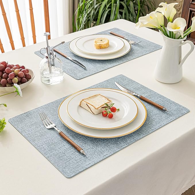 Romanstile Vinyl Placemats Set of 4-12 X 17 Inch - Faux Leather 100% Waterproof Oil-Proof Wipeable Place Mats, Heat Resistant Reversible PU Table Mats for Kitchen Dining Party Outdoor, Sky Blue