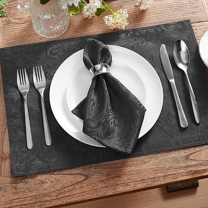 Elrene Home Fashions Caiden Elegance Damask Waterproof, Stain & Wrinkle Resistant Fabric Napkins (Set of 4), 17" x 17", Black