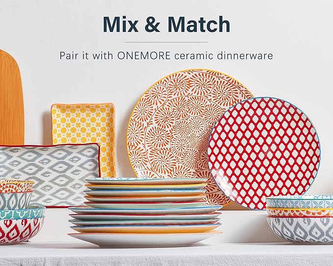 ONEMORE Colorful Dinner Plates Set of 6,10.5 inch Porcelain Salad Plates - Microwave, Oven & Dishwasher Safe Large Ceramic Plate for Pasta, Pizza - Geometric Style Scratch Resistant - Assorted Colors