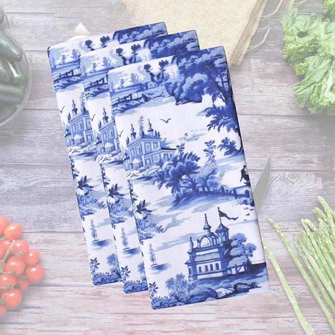 Urban Villa Cloth Napkins 100% Cotton Dinner Napkins Highly Absorbent 20x20 Inches (Set of 12) French Toile Blue Reusable Washable Soft Durable Premium Napkins Ideal for Home Wedding Parties