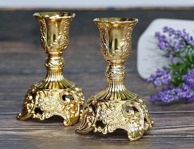 Taper Candle Holders with Deluxe Engraved Design, Set of 2 Premium Candlestick Holders in Gold