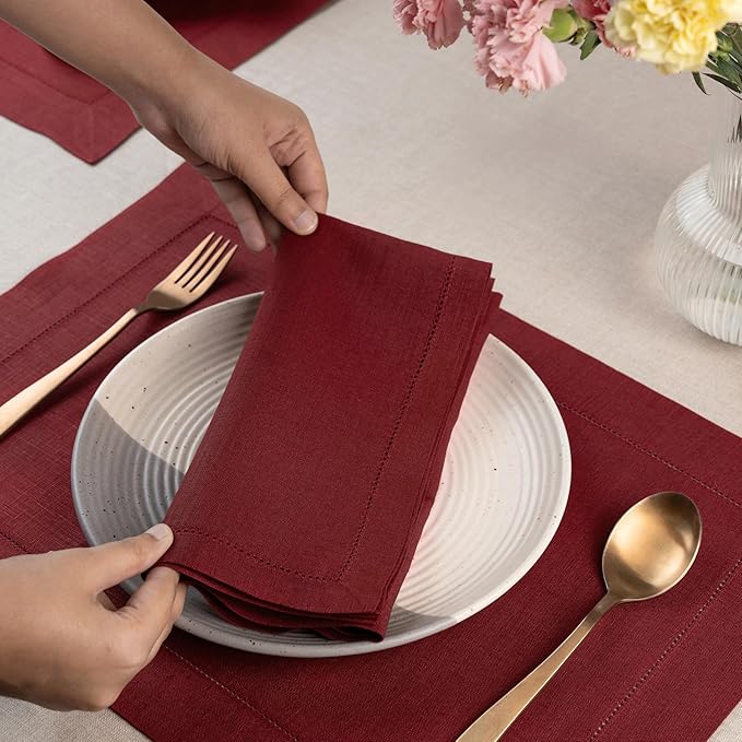 D'Moksha Homes Dark Red Linen Napkins Set of 4 - Classic Hemstitch 100% Pure Linen Hemstitch Dinner Napkins 20 x 20 Inch for Winter, Christmas, Holiday, New Year - Handcrafted and Machine Washable
